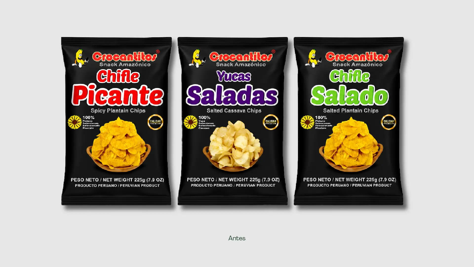 Tres empaques antiguos de snacks Crocantitos sabor chifle picante, yucas saladas y chifle salado sobre fondo gris para comparativa de rediseño por BSM.